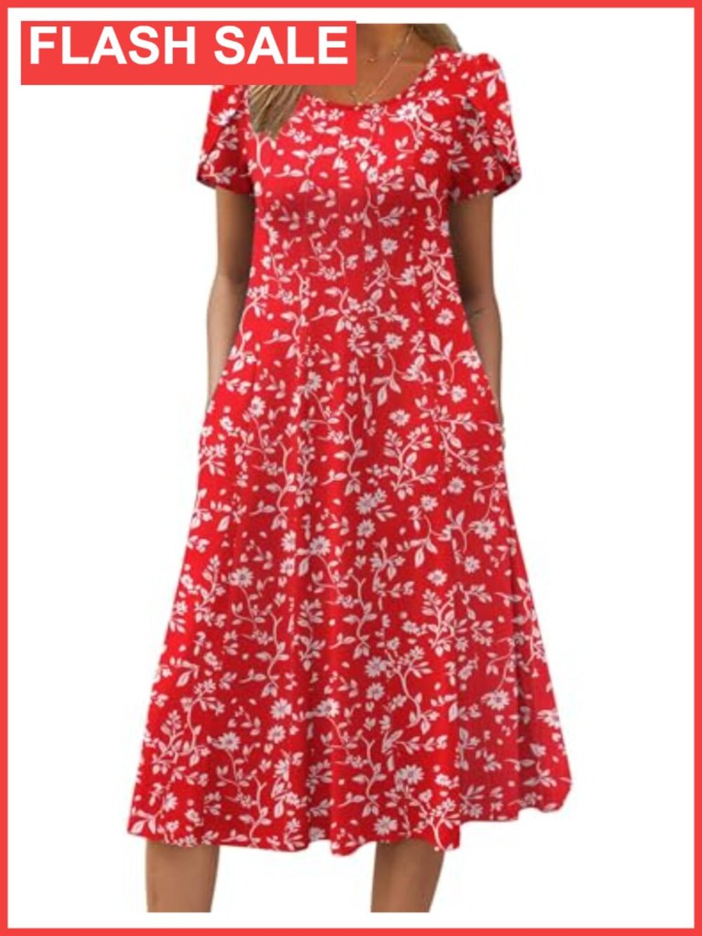 Casual Floral Midi Dress Short Sleeve A-Line Flowy Beach Sundress